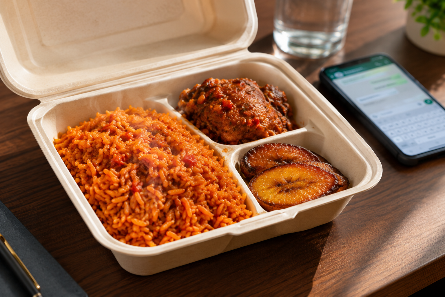 A GrubNmore Lunch Box delivery opened to reveal a complete weekday meal, rice, protein and a side