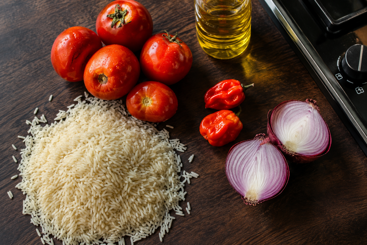 Fresh market ingredients for home-cooked jollof rice — rice, tomatoes, pepper, onions — the real cost this post runs the numbers on